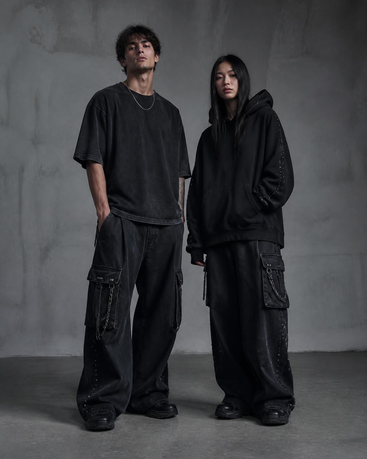 A male and a female model side by side in washed-black VYRE Origin and Eclipse pieces